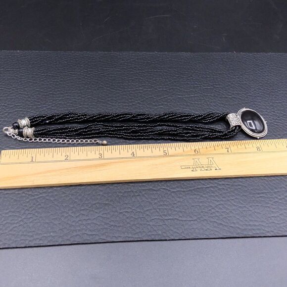 Black Oval Pendant Necklace Multi Strand Glass Seed Beads Antiqued Silver Tone - Picture 5 of 8